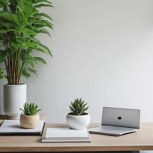 A serene minimalist workspace with a laptop, a few select books, and a small potted plant, surrounded by empty white space, conveying a sense of calm and organization.