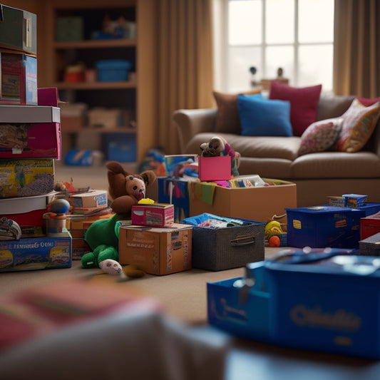 An overcrowded living room with stacked boxes, scattered toys, and tangled cords, with a faint outline of a tidy space in the background, highlighting the need for organized storage.
