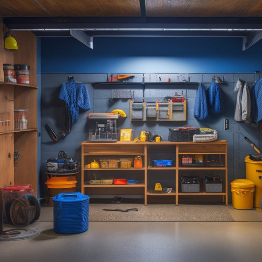 A well-lit garage interior with a sturdy granite shelf mounted on a steel frame, holding various tools and storage bins, alongside a sleek black pegboard with hanging accessories.