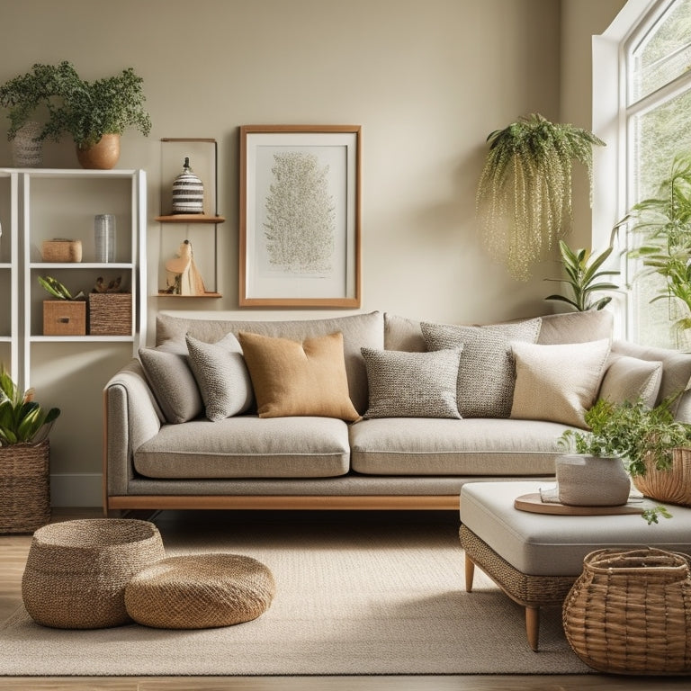 A serene, well-lit living room with a sleek, L-shaped sofa in a neutral tone, nestled against a corner featuring a custom built-in shelving unit with decorative wicker baskets and potted plants.
