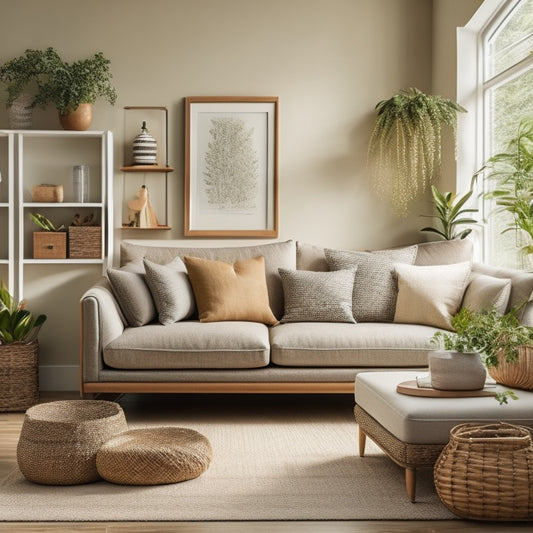 A serene, well-lit living room with a sleek, L-shaped sofa in a neutral tone, nestled against a corner featuring a custom built-in shelving unit with decorative wicker baskets and potted plants.