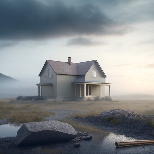 A serene, half-built dream home with a broken hammer lying on the ground, surrounded by scattered blueprints, with a faint image of a perfect home in the background, shrouded in mist.