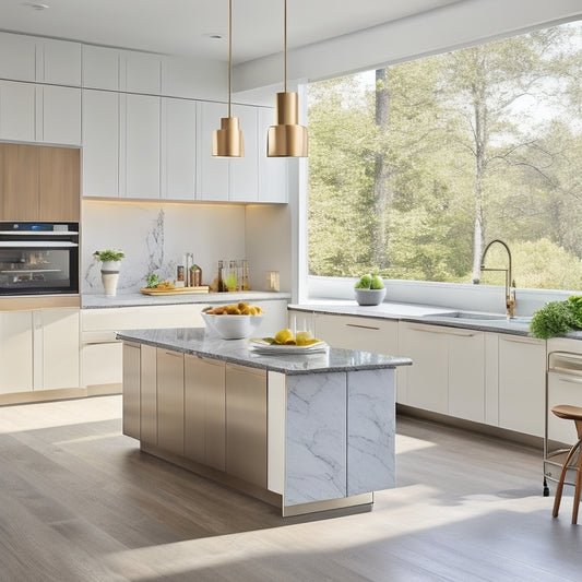A sleek, modern kitchen island with a built-in refrigerator, induction cooktop, and sink, surrounded by minimalist cabinetry and topped with a gleaming quartz countertop, set against a soft, creamy backdrop.