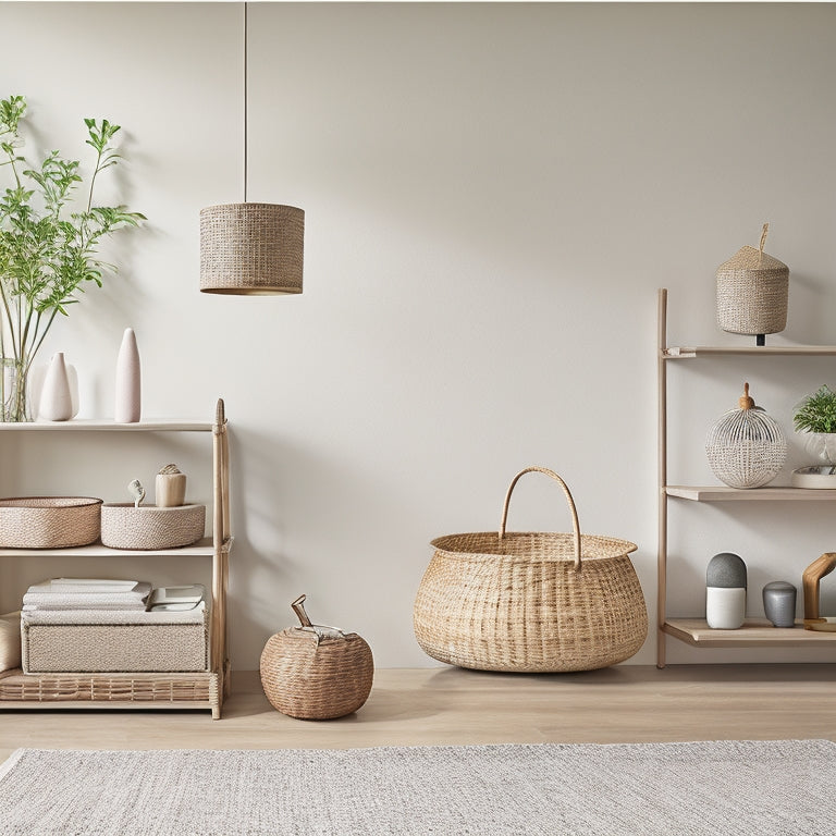 A serene, minimalist living room with a sleek, wooden shelf system, wicker baskets, and a few, carefully-placed decorative objects, set against a calming, light-gray background.