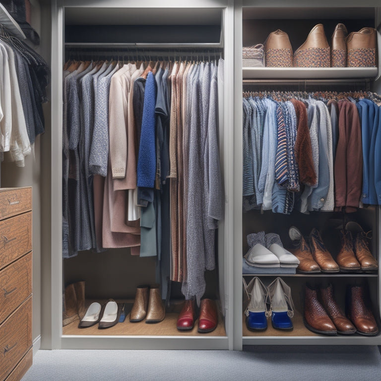 A cluttered small closet with clothes spilling out, contrasted with a tidy, organized closet with clothes neatly hung and shoes aligned, both with virtual design software interfaces superimposed.