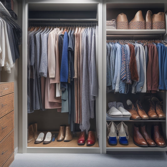 A cluttered small closet with clothes spilling out, contrasted with a tidy, organized closet with clothes neatly hung and shoes aligned, both with virtual design software interfaces superimposed.