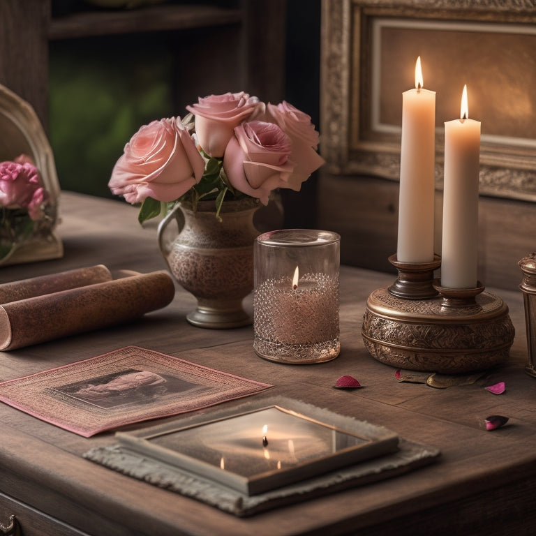 A warm, nostalgic scene: a vintage wooden desk with a few scattered, faded photographs, a sepia-toned picture frame, and a few rolls of film, surrounded by scattered rose petals and a single, lit candle.