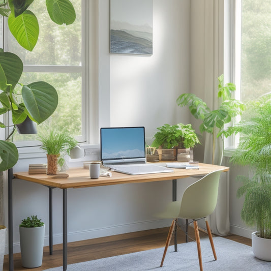 A serene, minimalist home office with a tidy desk, a few organized files, and a laptop open to a virtual coaching session, surrounded by calming green plants and soft, natural light.