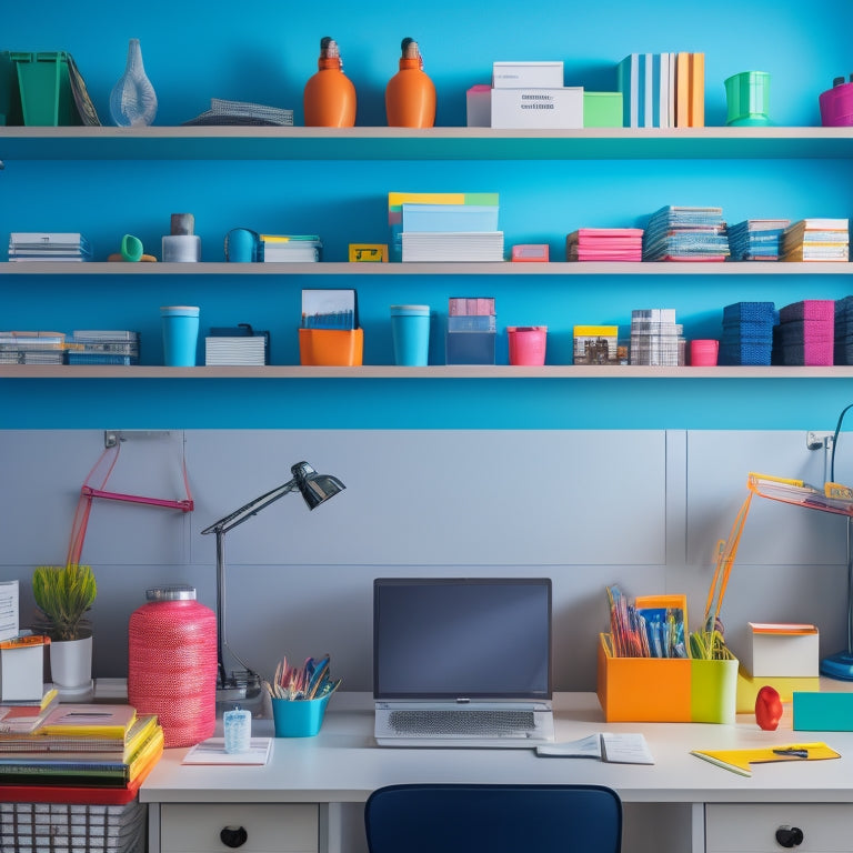 A colorful, well-lit, and minimalist workspace with various labeled containers, bins, and folders, neatly arranged on shelves and desks, surrounded by a few carefully placed office supplies.