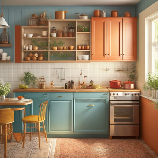 A tidy, compact kitchen with a wall-mounted pot rack, a narrow cart with a built-in spice rack, and a compact refrigerator with a fold-down table attached.