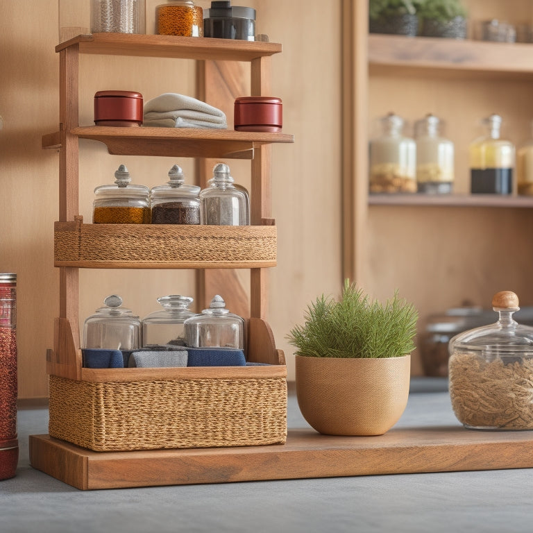 A tidy kitchen counter featuring a wooden spice rack with tiered compartments, a wooden oil cruets carousel, and a woven basket storing artisanal spice jars with decorative lids.