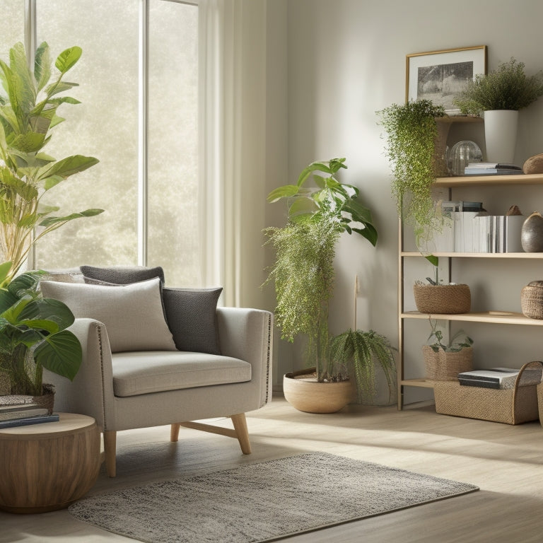 A serene and organized living room with a few strategically placed storage bins, a tidy bookshelf, and a minimalist coffee table, illuminated by soft natural light and a few well-placed plants.