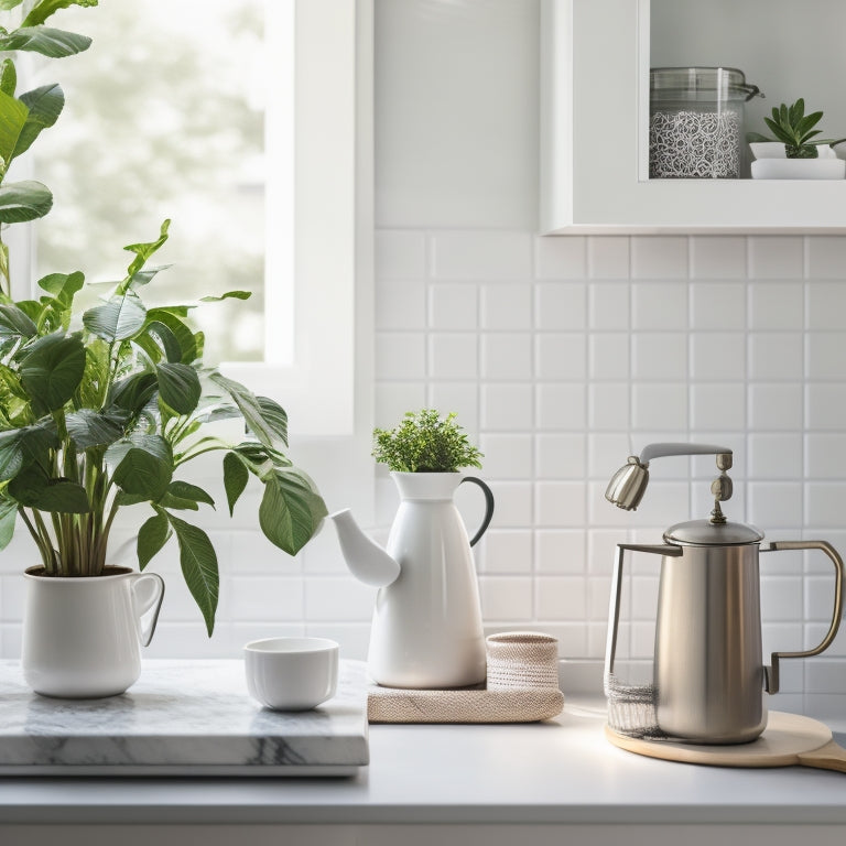 A serene kitchen scene featuring a spotless, creamy-white countertop adorned with only a few, carefully arranged essentials: a small potted plant, a minimalist coffee maker, and a single, elegant vase.