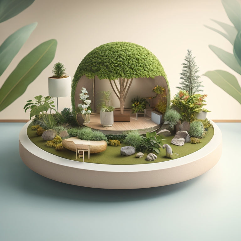 A serene, minimalist illustration of a small, clutter-free room with a floating island in the center, surrounded by lush greenery, and a few, carefully-placed decorative objects.