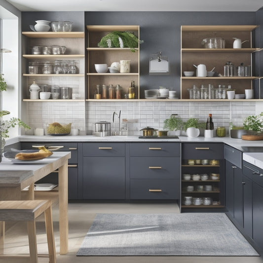 A modern, sleek kitchen with a wall-mounted, multi-tiered shelving unit featuring a built-in spice rack, utensil holder, and a foldable step stool, surrounded by gleaming countertops and appliances.