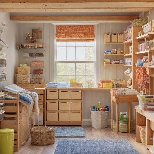 A tidy craft room with a wooden desk, surrounded by floor-to-ceiling shelves filled with labeled baskets, hanging fabric organizers, and a pegboard with neatly arranged tools and supplies.