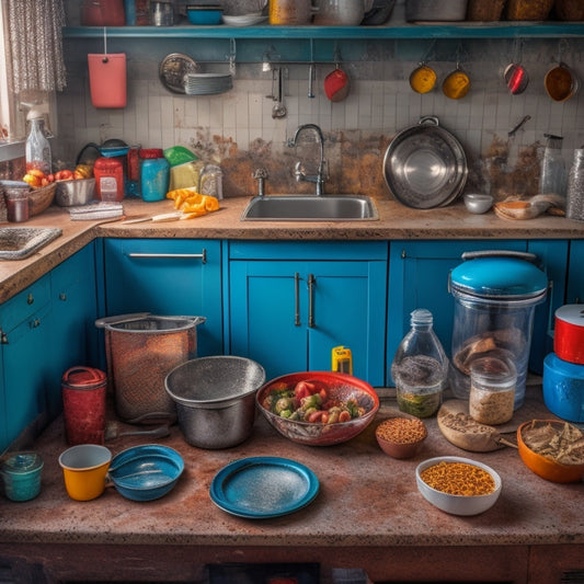 A cluttered kitchen counter with a messy array of kitchen gadgets, utensils, and expired food items, surrounded by dirty dishes and overflowing trash cans, amidst a backdrop of worn-out tiles and outdated cabinets.