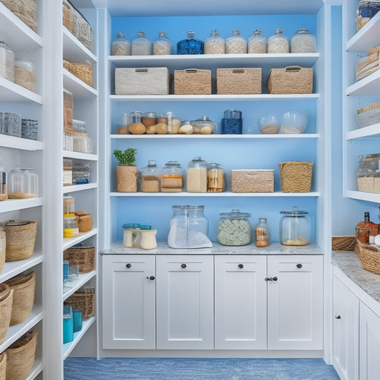 A bright and organized walk-in pantry with sleek, white shelves, baskets, and drawers, showcasing a mix of glass jars, woven containers, and chrome utensil holders, amidst a soft, gray-blue background.