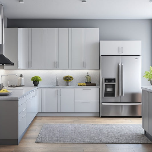 A minimalist, modern kitchen with sleek white cabinets, dark gray countertops, and stainless steel appliances, showcasing an efficient U-shaped layout with optimized workflow and ample storage.