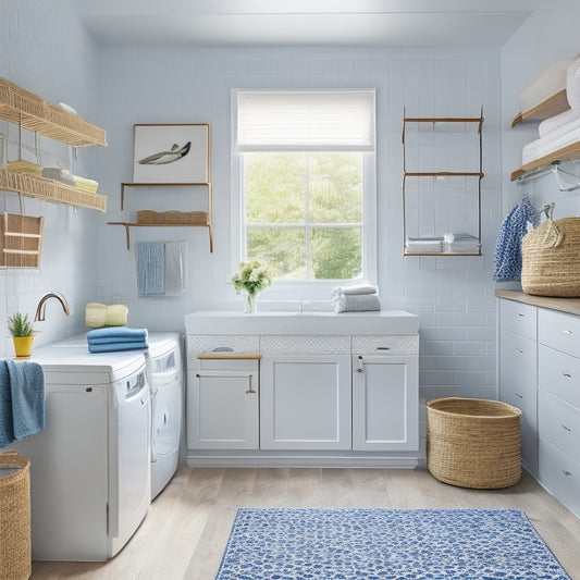 A bright, modern laundry room with sleek cabinets, a farmhouse sink, and a built-in folding station, featuring a hanging rod, woven baskets, and a few neatly folded towels and a laundry sorter in the background.