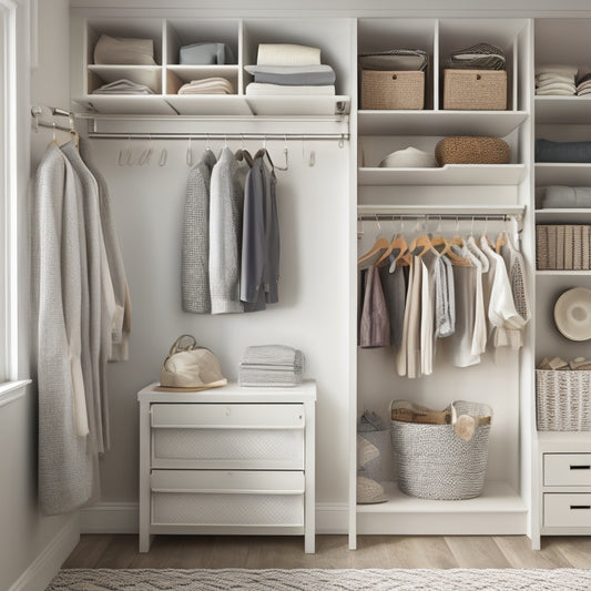 A tidy, small closet with a mix of open shelves, baskets, and hanging rods in a soothing white and gray color scheme, with a few neatly arranged clothes and accessories.
