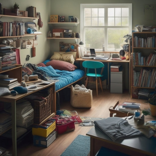 A messy college dorm room with clothes scattered on the floor, books stacked haphazardly, and a cluttered desk, transformed into a tidy space with organized shelves, labeled bins, and a minimalist workspace.
