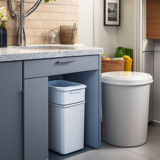 A cluttered kitchen countertop with a small, sleek trash can hidden beneath the sink, alongside a pull-out cabinet trash bin and a compact, wall-mounted recycling sorter.