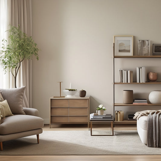 A serene, well-lit, minimalist living room with a few, carefully curated decorative pieces, a neatly organized bookshelf, and a sleek, low-profile storage ottoman in a neutral color.