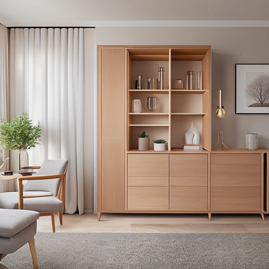A sleek, modern room with a wall-mounted Alba Modular Cupboard in a light wood tone, comprising multiple compartments, drawers, and shelves, with a few stylish home decor items arranged within.