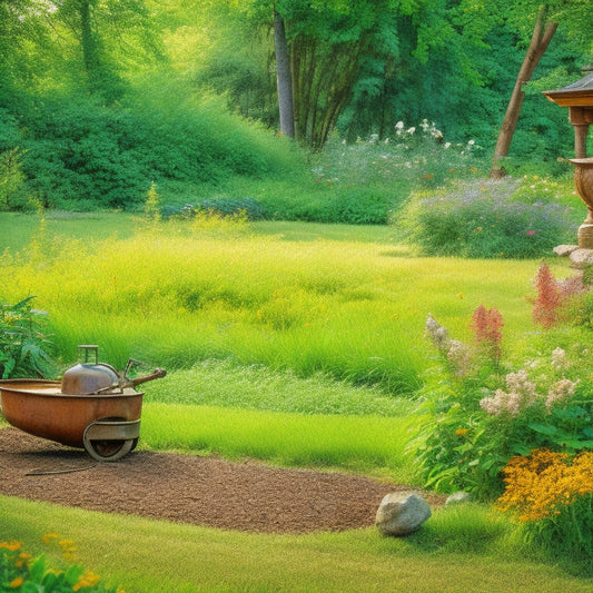 A serene garden scene with a faint, winding path disappearing into lush greenery, surrounded by blooming flowers, with a rusty, old-fashioned tiller lying abandoned in the foreground.
