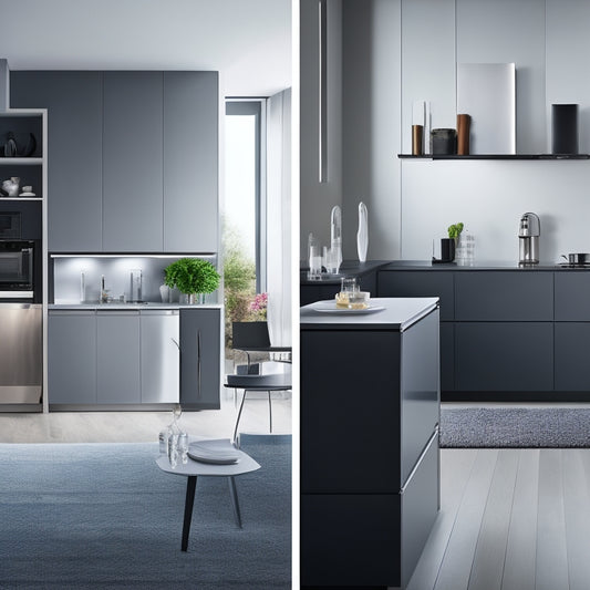 A sleek, modern kitchen with a wall-mounted foldable table, a compact refrigerator, and a retractable downdraft cooktop, all in a calm, monochromatic color scheme with plenty of negative space.