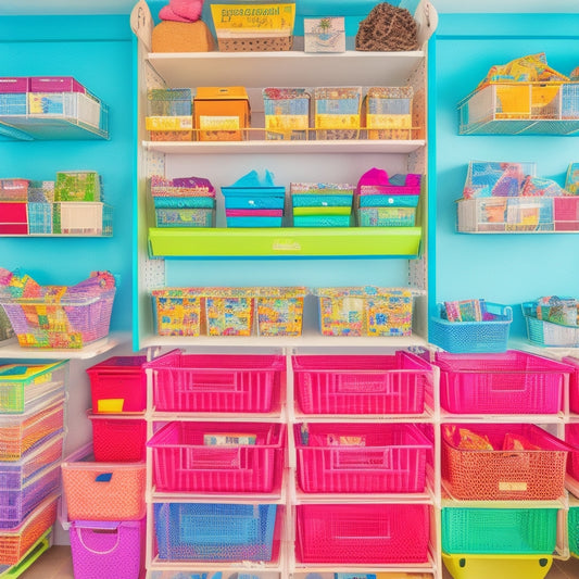 A colorful, organized classroom with stacked, labeled bins, a pegboard with hanging baskets, and a shelves with baskets and containers, all surrounded by happy, engaged students.