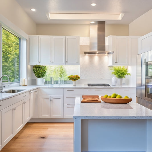 A bright, modern galley kitchen with sleek white cabinets, quartz countertops, stainless steel appliances, and a large island with a built-in cooktop, surrounded by natural light pouring in through a skylight.