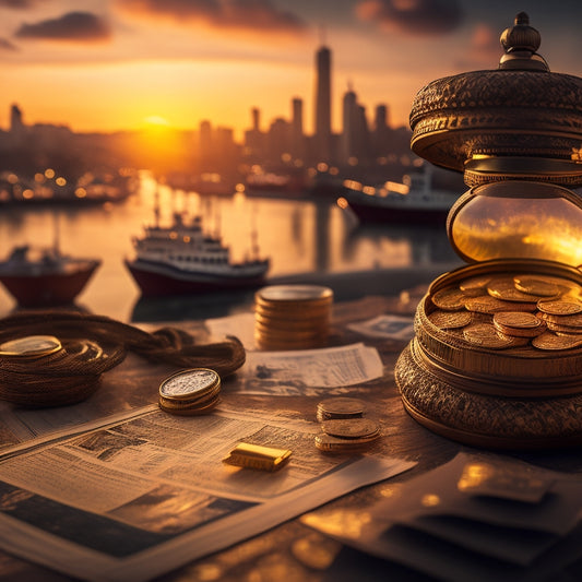 A treasure chest overflowing with gold coins, surrounded by stacks of papers with scribbled notes and a magnifying glass, set against a blurred background of a cityscape at sunset.