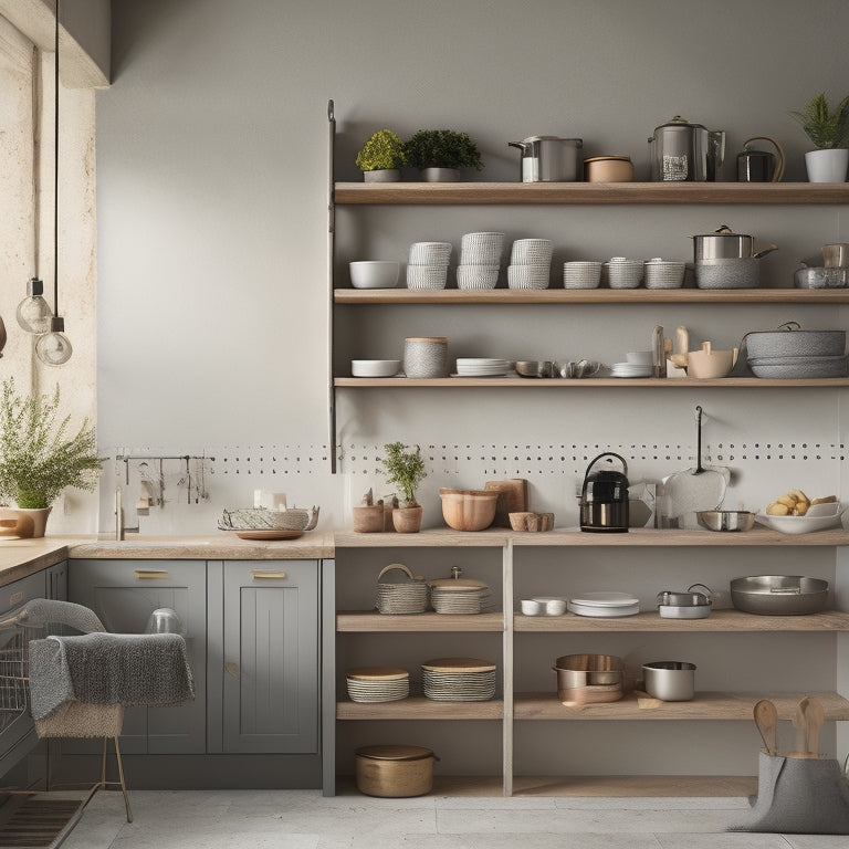 A tidy, modern kitchen with 5 distinct shelves, each showcasing a different stage of construction: bare wall, installed brackets, added wooden planks, attached baskets, and finally, decorated with kitchenware.