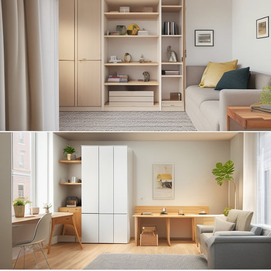 A clutter-free apartment interior with a murphy bed, foldable desk, and hidden storage compartments, showcasing a minimalist yet functional living space with plenty of natural light.