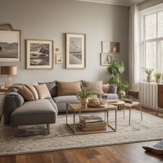A cozy living room with a statement gallery wall featuring mismatched frames, a refurbished vintage coffee table with metal legs, and a plush area rug in a natural fiber.