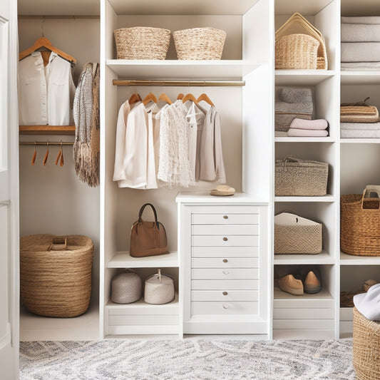A serene, well-lit closet with creamy white shelves, wooden hangers, and a few statement pieces of clothing, surrounded by clever storage solutions like woven baskets and stackable drawers.