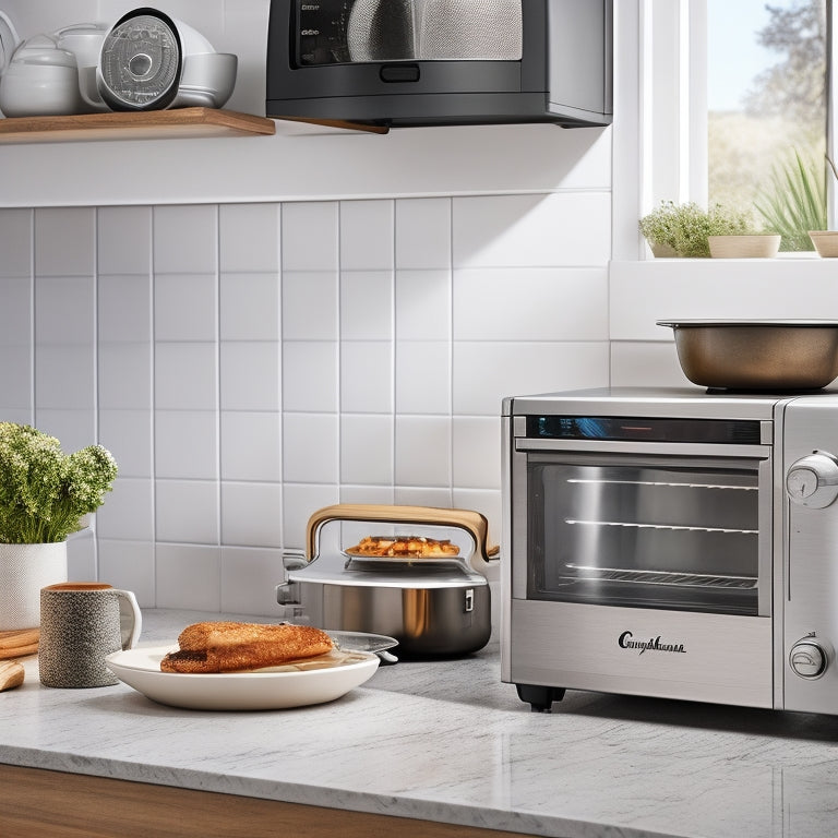 A clutter-free kitchen counter with a sleek, stainless steel toaster oven, a compact stand mixer, and a modern, space-saving Instant Pot, surrounded by ample negative space and a subtle, warm lighting effect.