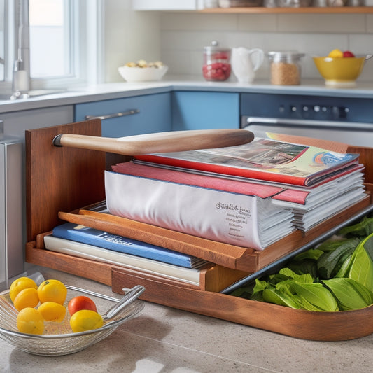 A tidy kitchen drawer with a custom divider system, holding multiple cookbooks upright, some with colorful spines, alongside utensils and a few recipe cards, all neatly organized and angled for easy access.