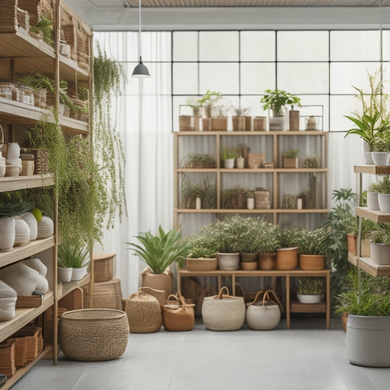 A bright, modern store interior with rows of sleek shelves, baskets, and bins in various shapes and sizes, surrounded by calm, natural light and a few sparse, potted plants.