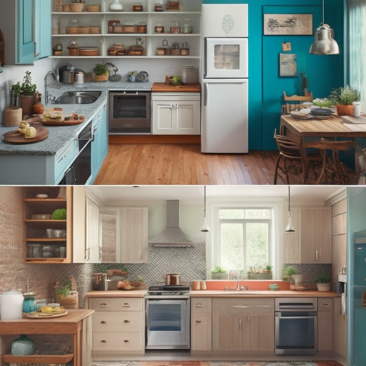 A split-level illustration of two identical tiny kitchens: one cluttered and cramped, the other airy and organized, with strategically placed appliances, optimized countertops, and a harmonious workflow.