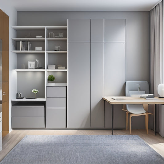 A clutter-free, minimalist studio apartment with a sleek, floor-to-ceiling storage unit featuring fold-down desks, retractable shelves, and hidden compartments in a calming, monochromatic color scheme.