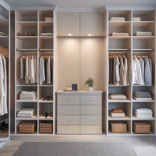 A serene, minimalist closet interior with soft, warm lighting, featuring a custom-built shelving system, neatly arranged clothes on velvet hangers, and a few sleek, modern storage bins.