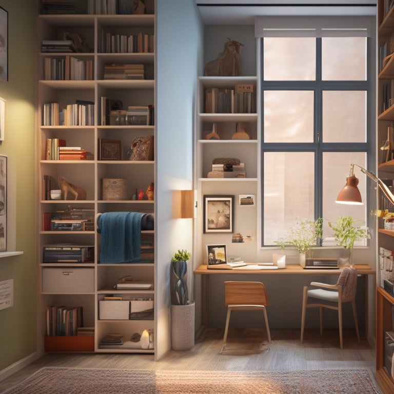 An illustration of a compact, clutter-free apartment with a Murphy bed, a desk built into a window nook, and a bookshelf ladder that doubles as a room divider.