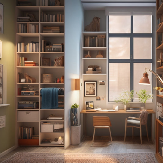 An illustration of a compact, clutter-free apartment with a Murphy bed, a desk built into a window nook, and a bookshelf ladder that doubles as a room divider.