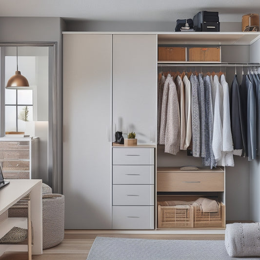 A tidy, modern closet with sliding doors, filled with organized clothing and accessories, featuring a laptop and notebooks on a shelf, surrounded by soft, natural lighting.