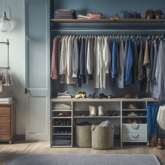 A messy closet with clothes scattered on the floor and shelves, contrasted with a neat and organized section featuring a toolbox, hangers, and a clothes rack, with a few stylish outfits on display.