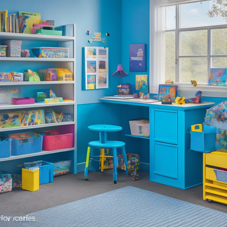 A colorful, clutter-free playroom with a kid's desk, toys, and books organized into labeled bins and shelves, with a tablet in the foreground displaying a storage app's interface.