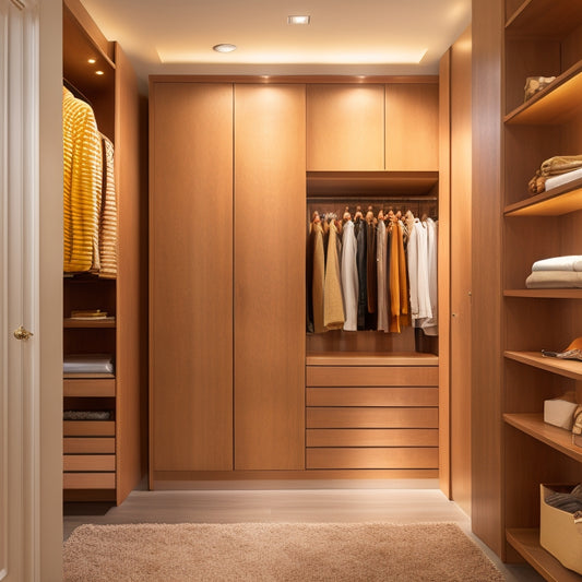 A modern, sleek closet interior with floor-to-ceiling shelves, drawers, and cabinets in a warm, honey-colored wood tone, illuminated by soft, golden lighting and a few strategically placed spotlights.